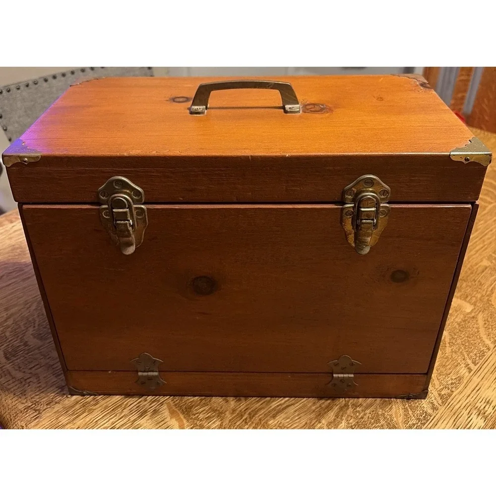 Vintage Pine Travel writing Desk 15x8x10 Brass Closure Handle Corners Hinges